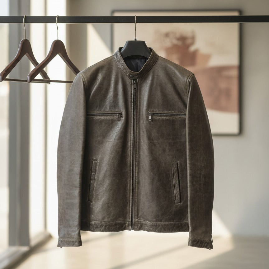 Brown Stand-Collar Leather